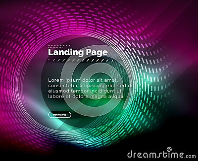 Neon glowing techno lines, hi-tech futuristic abstract background template with circles, landing page template Vector Illustration