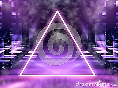 Neon glowing triangle, fog and glowing walls - abstract 3d illustration Cartoon Illustration