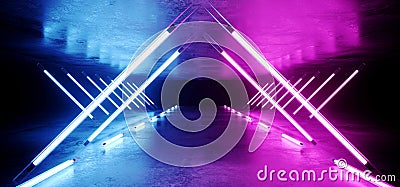 Neon Glowing Triangle Shaped Sci Fi Futuristic Modern Elegant Ultraviolet Stage Long Tunnel Road With Purple Blue Lights Empty Stock Photo