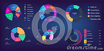 Neon gradient pie chart, infographic collection for reports and presentations, UI, WEB. Mockups circle infochart and Pie Vector Illustration