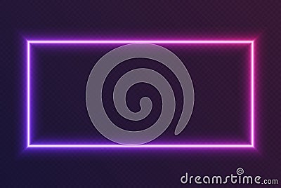 Neon gradient rectangular frame, blue-pink glowing border isolated on a dark background. Colorful night banner. Vector Illustration