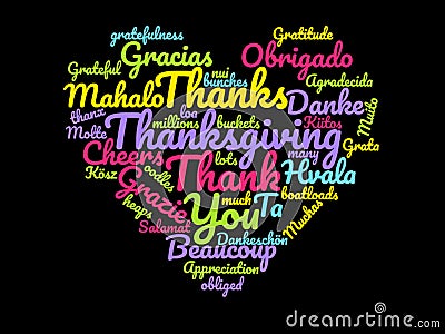 Neon Graphic Heart Wordcloud for Thanksgiving, thank you gifts, to show gratitude, thanks and on Greeting Cards and Social Media Stock Photo