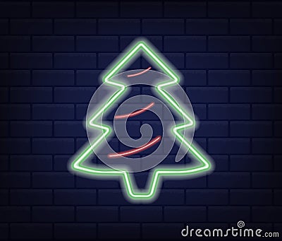 Neon green Christmas tree. Vector logo. Element on isolated background. Vector Illustration