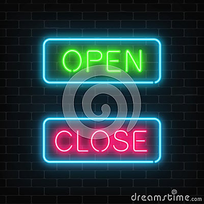 Neon green open and red close glowing signs in geometric shape on a brick wall background. Vector Illustration