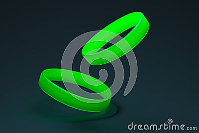 Neon Green Rubber Bracelets on Dark Background. Silicone Elastic Wrist Bands With Empty Space. 3d Rendering Stock Photo