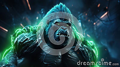 A neon green space gorilla standing on a neon blue meteor, its muscular form radiating an otherworldly aura by AI generated Stock Photo