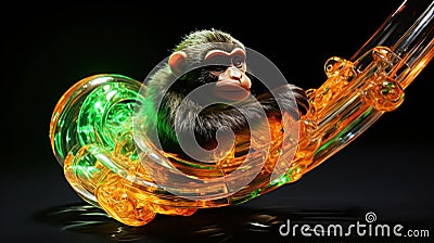 A neon green space monkey riding a neon orange comet, trailing behind it a sparkling neon tail by AI generated Stock Photo