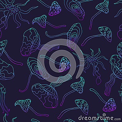 Neon hallucinogenic mushrooms, blue purple contour. Psychedelic Vector Illustration