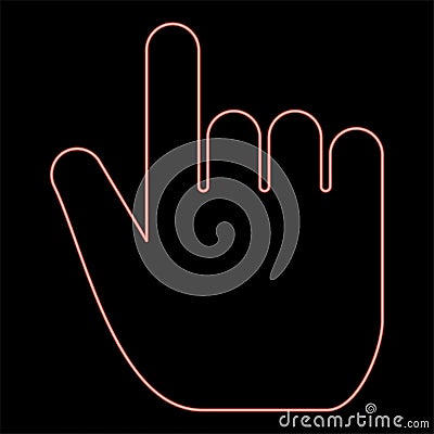 Neon hand point select declare index finger forefinger for click concept pushing choose icon red color vector illustration image Vector Illustration