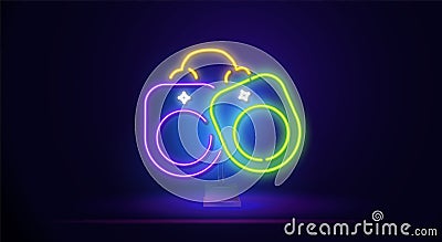 neon handcuffs for various role-playing games. Adult Toys Neon Label. Vector Illustration of Sex Shop Promotion. Vector Illustration