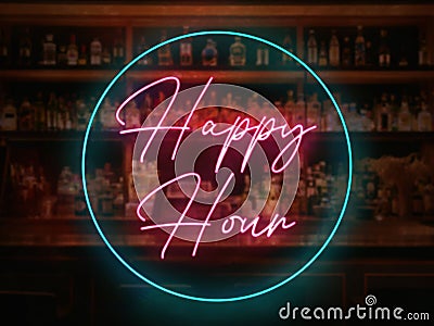 A neon happy Hour sign in front of a bar or pub. Slightly blurred bar or tavern background. Nightlife concept. Stock Photo