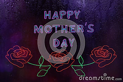 Neon Happy Mother`s Day Sign in Rainy Window Stock Photo