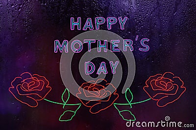 Neon Happy Mother's Day Sign in Rainy Window Stock Photo