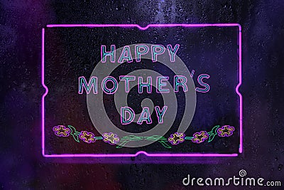 Neon Happy Mother& x27;s Day Sign in Rainy Window Stock Photo