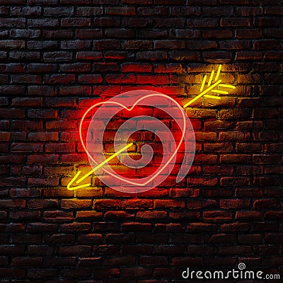 Neon heart and arrow on a brick wall Stock Photo
