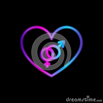 Neon heart with bisexuality symbol on black background Vector Illustration