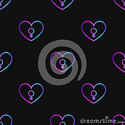 Seamless pattern with neon heart with genderqueer symbol on black background Stock Photo