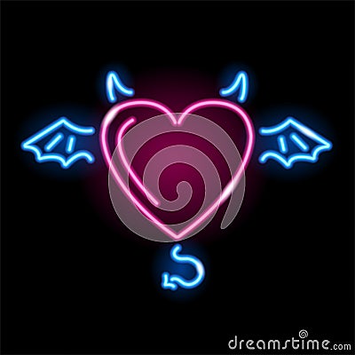 Neon heart with horns, wings and tail icon isolated on black background. Love, passion, demon, devil, Valentines Day Vector Illustration