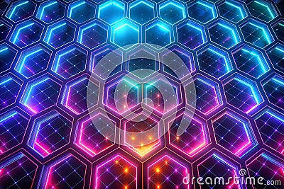 Neon Hexagon Grid Pattern. Background Abstract Digital. Use Technology, Futuristic Stock Photo