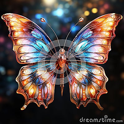 Neon holographic butterfly with a spectrum of colors on its wings. Stock Photo