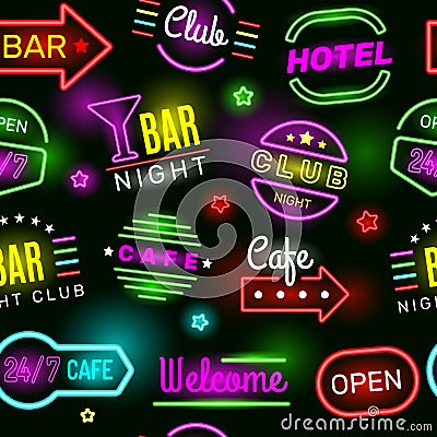 Neon hotel pattern. Vintage glow cinema signage logo vector seamless background Vector Illustration