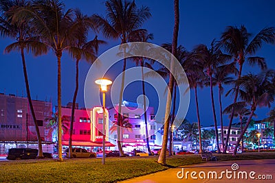 Neon hotels Miami Beach Ocean Drive Stock Photo