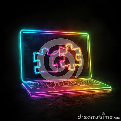A neon icon displaying puzzle pieces forming a solution on a laptop screen, representing problem-solving and online Stock Photo
