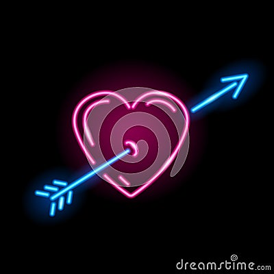 Neon icon of heart with arrow isolated on black background. Love, St. Valentine Day, lovestruck concept. Vector Cartoon Illustration