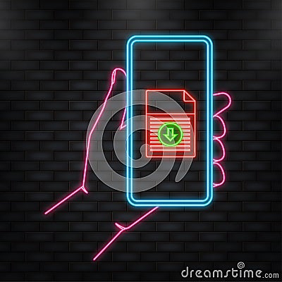 Neon Icon. Smartphone with downloaded file in cartoon style. Smartphone screen. Phone icon vector. Flat vector cartoon Vector Illustration