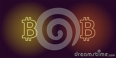 Neon icon of Yellow and Orange Bitcoin Vector Illustration