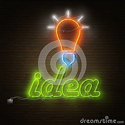 Neon Idea Text With Electricity Lightbulb. Vector Illustration