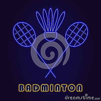 Neon illumination of badminton. Bright racket shuttlecock. Modern vector logo, icon, banner, shield, screen, image labels, Stock Photo