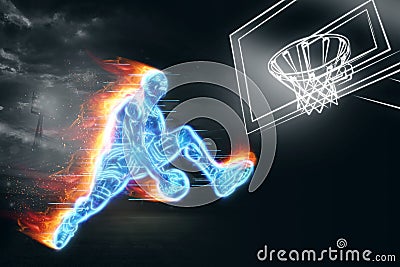 Neon image of a professional basketball player jumping with a ball. Creative collage, sports flyer. Basketball concept, sport, Cartoon Illustration