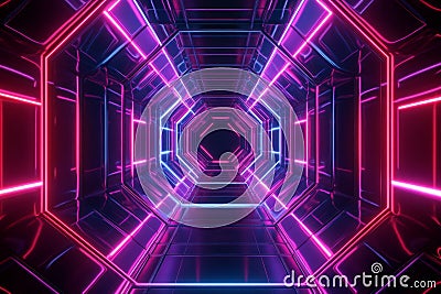 A neon-infused 3D background featuring hexagonal grids floating over a deep black void, emitting Stock Photo