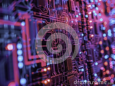 In a neon infused sci fi realm a DSLR focuses on the seamless integration of blockchain cybersecurity and quantum computing within Stock Photo