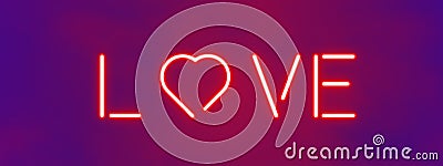 Neon inscription `love` on gradient background. Stock Photo