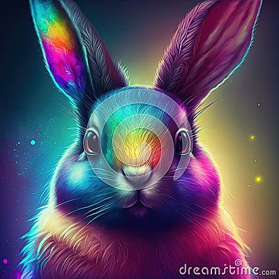 Neon iridescent psychedelic rabbit. Generative AI. Not based on any actual scene or pattern Stock Photo