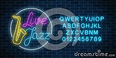 Neon jazz cafe with live music and saxophone glowing sign with alphabet. Glowing street signboard Vector Illustration