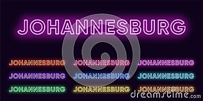 Neon Johannesburg name, City in South Africa. Neon text of Johannesburg city. Vector set of glowing Headlines Vector Illustration