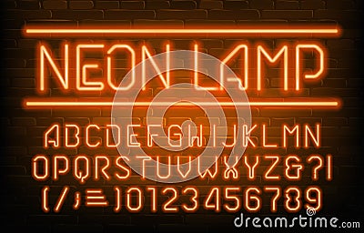 Neon Lamp alphabet font. Orange neon light letters, numbers and symbols. Brick wall background. Vector Illustration