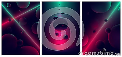 Neon laser line glow illuminates a spheres, Abstract background space and planet , Futuristic vector gradient poster in retro Vector Illustration