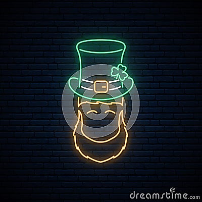 Neon leprechaun with Patricks green hat and orange beard. Vector Illustration