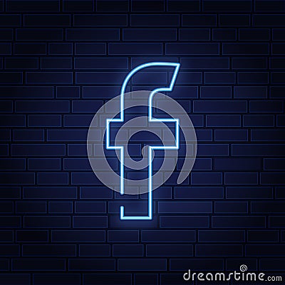 Neon letter f icon on brick wall. Social network design element. Night bright neon sign, colorful billboard, light banner. Vector Vector Illustration