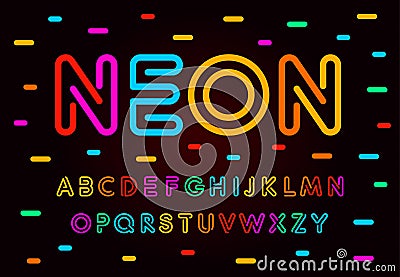 Neon letters, numbers and symbols set. Colored tube, colorul contour modern style abc, lines latin alphabet. Fonts for Vector Illustration