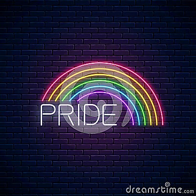 Neon LGBT rainbow with pride text. Pride sign design template, LGBT logo, bisexual, gay and transgender rights banner Vector Illustration