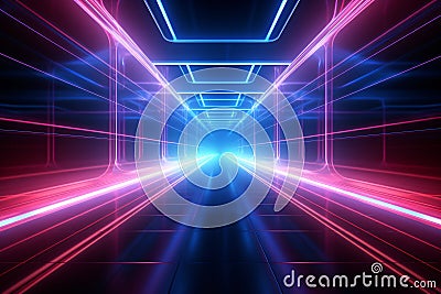 Neon light abstract background. Square tunnel or corridor neon glowing lights. Laser lines and LED technology create glow. Cyber Stock Photo