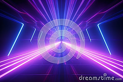 Neon light abstract background. Tunnel or corridor violet neon glowing lights. Laser lines and LED technology create glow. Cyber Stock Photo