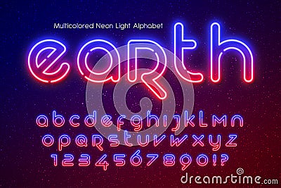 Neon light alphabet, extra glowing futuristic type. Vector Illustration