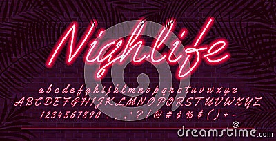 Neon light alphabet font, Red glowing hand drawn uppercase and lowercase letters, vector typeface typography design, brick wall Vector Illustration