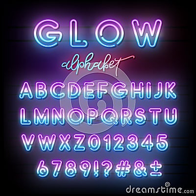 Neon light alphabet. Multicolor glowing typeface. Vector Illustration